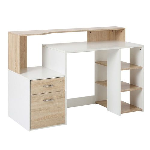 Bureau Informatique Multimédia Design Multi-Rangements 137 L X 55 L X 92 H Cm Chêne Blanc