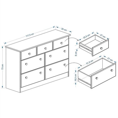 Commode Rondo Bahut Buffet Meuble De Rangement Avec 3 Petits Et 4 Grands Tiroirs, En Pin Massif Vernis Naturel