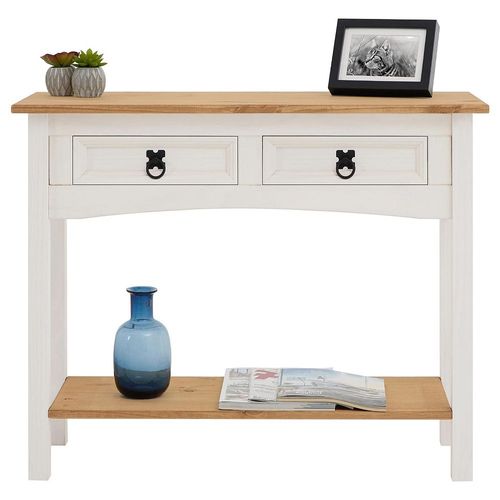 Table Console Campo Table D'appoint Rectangulaire En Pin Massif Blanc Et Brun Avec 2 Tiroirs, Meuble D'entrée Style Mexicain En Bois