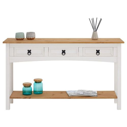 Table Console Campo Table D'appoint Rectangulaire En Pin Massif Blanc Et Brun Avec 3 Tiroirs, Meuble D'en