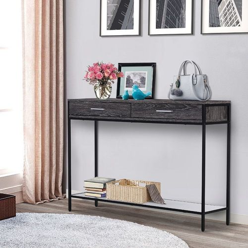Console Table D'appoint Design Industriel Dim. 120l X 30l X 81h Cm 2 Tiroirs Étagère Acier Noir Panneaux