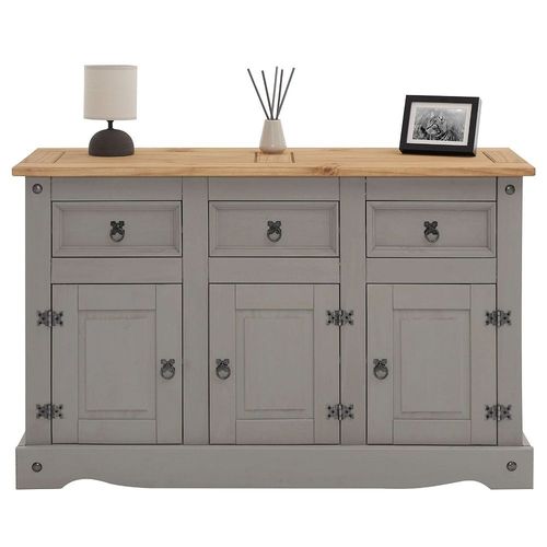 Buffet Ramon Commode Bahut Vaisselier En Pin Massif Gris Et Brun Avec 3 Tiroirs 3 Portes, Meuble De Range