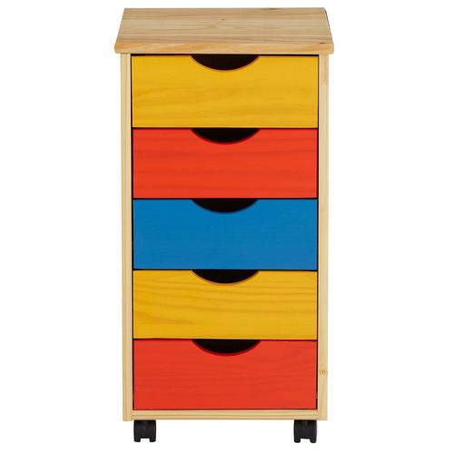 IDIMEX Caisson de bureau LAGOS meuble de rangement sur roulettes avec 5  tiroirs, en pin massif lasuré multicolore jaune rose et bleu pas cher 