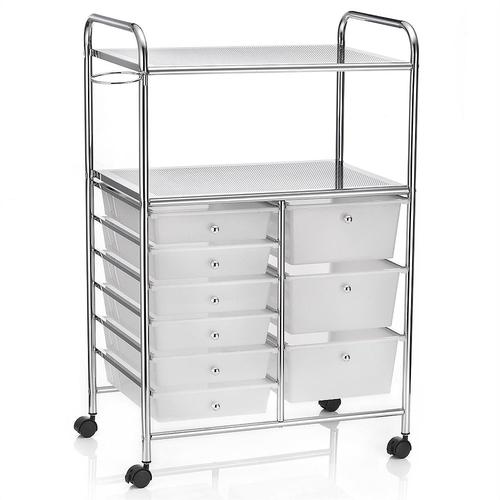 Caisson Sur Roulettes Marita Chariot 9 Tiroirs En Plastique Blanc Transparent Et 2 Étagères, Rangement Salle De Bain En Métal Chromé