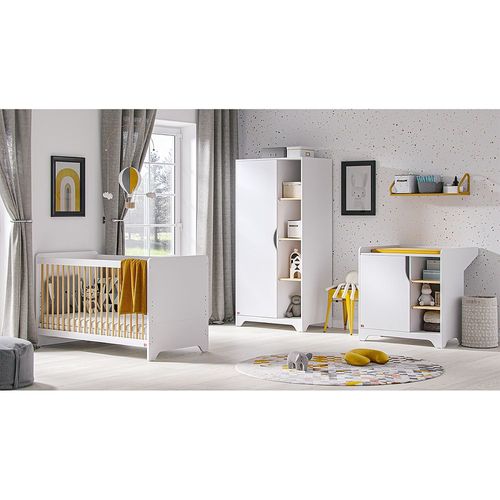 Chambre Complète Lit Bébé - Commode À Langer - Armoire 1 Porte Vox Leaf - Blanc Et Bois
