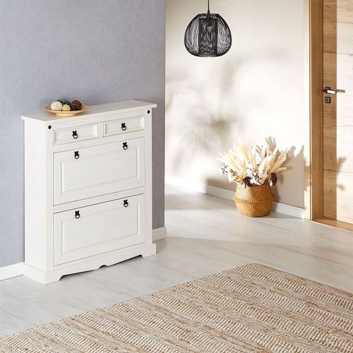 Meuble À Chaussures Tequila Style Mexicain Armoire Avec 2 Abattants Et 2 Tiroirs Rangement Pour 16 Paires, Pin Massif Lasuré Blanc