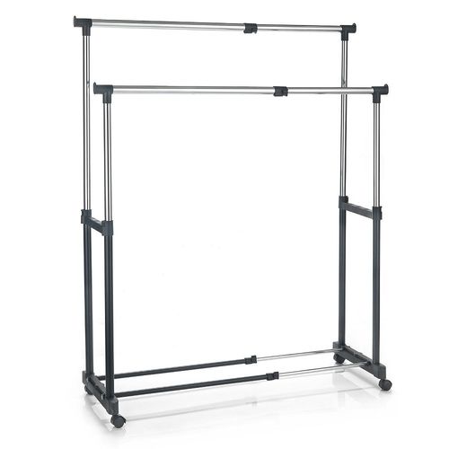 Portant À Vêtements Casa En Métal Chromé Et Noir, Penderie Double Sur Roulettes Avec 2 Barres Hauteur Et Longueur Réglables
