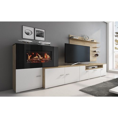 Meuble De Salon Avec Cheminée Électrique, Finition Blanc Mat Et Chêne Clair Brossé - Skraut Home
