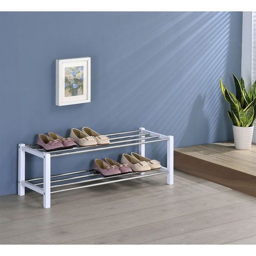 Étagère À Chaussures Dublin Rangement Porte-Chaussures Avec 2 Niveaux Pour 8 Paires En Métal Chromé Et Laqué Blanc