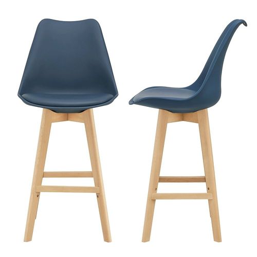 Lot De 2 Tabourets De Bar Siège Avec Dossier Et Repose-Pied Rembourré Similicuir Hêtre 105 Cm Bleu 03_000