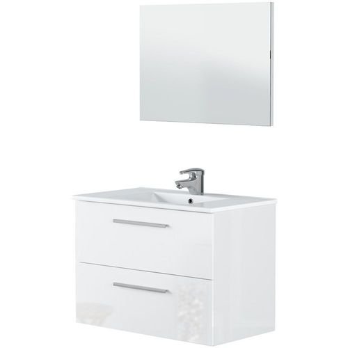 Meuble Sous Vasque De Salle De Bain Suspendu 80 Cm Avec 2 Tiroirs + Miroir - Hauteur 57 X Longueur 80 X P