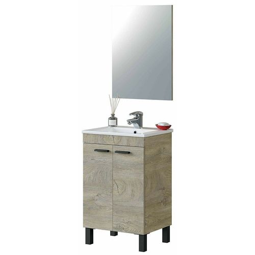 Meuble Salle De Bain Sous-Vasque 50 Cm + Miroir Coloris Alaska Chêne À Noeuds - Longueur 50 X Hauteur 80 X