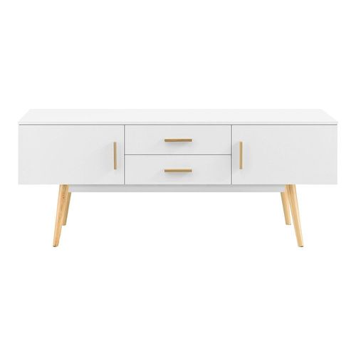 Meuble Tv Design Support Télé Banc Pieds En Bois 140 Cm Blanc 03_0005867