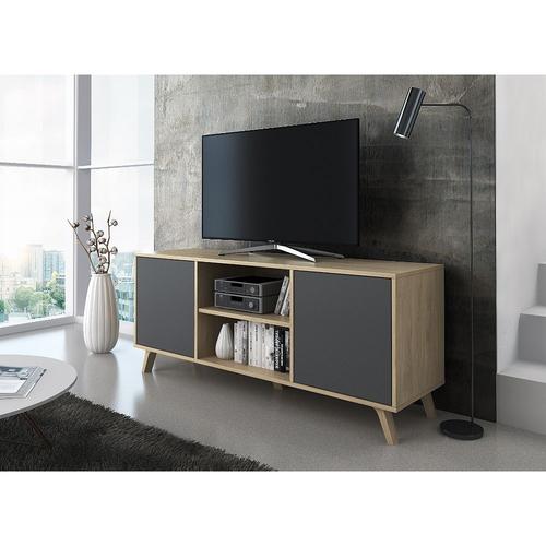 Meuble Tv 140 Avec 2 Portes, Modèle Wind, Couleur Structure Puccini, Portes Anthracite - Skraut Home