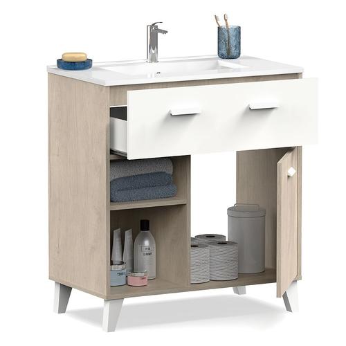 Meuble Vasque 1 Porte + 1 Tiroir Coloris Effet Bois / Blanc - Hauteur 90 X Longueur 82 X Profondeur 47 Cm