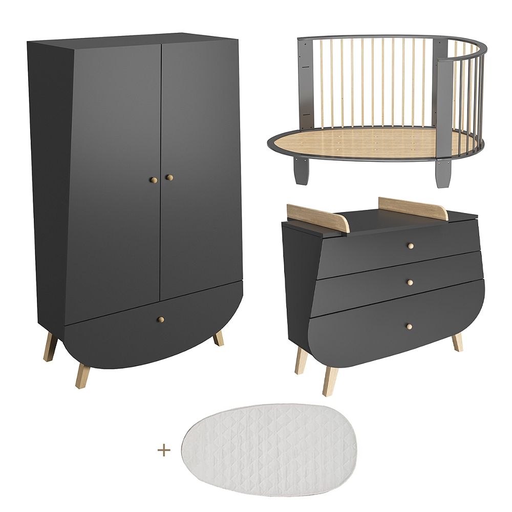 Chambre Complète Lit Évolutif Commode À Langer Et Armoire Songes Et Rigolades Oeuf - Gris Anthracite Et