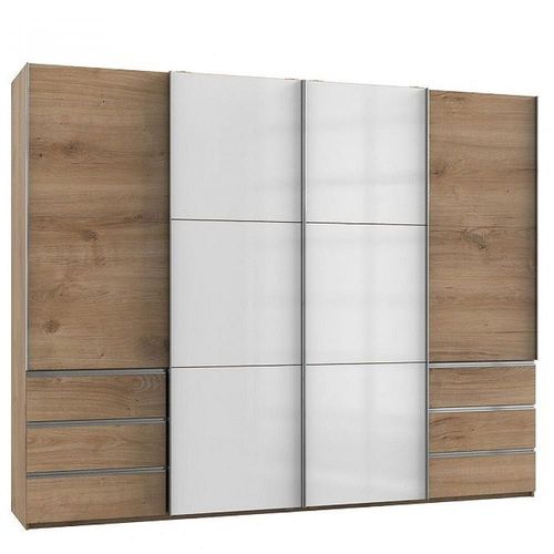 Armoire Coulissante Lisea 4 Portes 6 Tiroirs Chêne Poutre Verre Blanc 300 X 236 Cm Ht