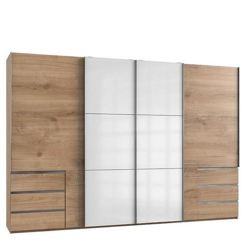 Armoire Coulissante Lisea 4 Portes 6 Tiroirs Chêne Poutre Verre Blanc 350 X 236 Cm Ht