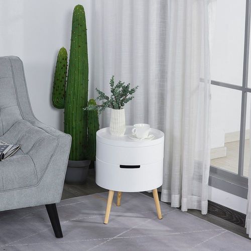 Table De Chevet - Table Basse Avec 2 Compartiments De Rangement - Plateau Mdf - Dim. Ø 38 X 48 Cm - Blanc