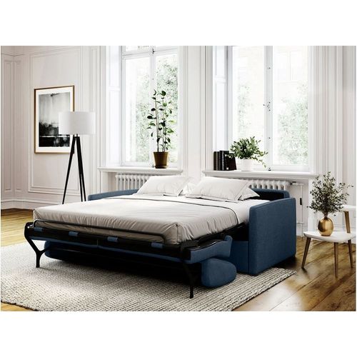 Canapé Convertible Express 3 Places Agathe En Tissu - Matelas Épaisseur 13cm - Bleu Foncé, Dimensions Du