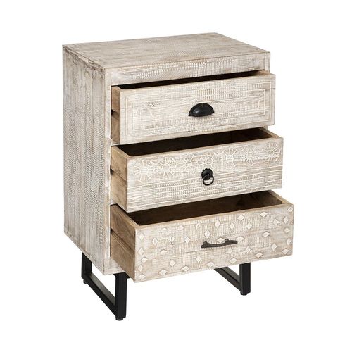 Table De Chevet 3 Tiroirs En Métal Et Bois De Manguier Sculpté