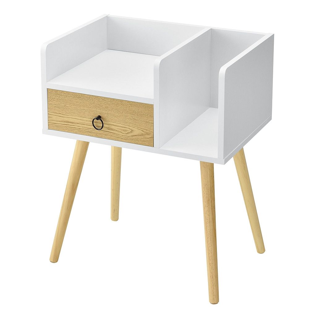 Table De Nuit Chevet Avec Tiroir Stockage Commode Bis Pieds En Pin 64 Cm Blanc Beige 03_0004229