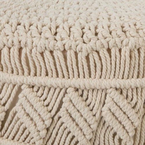 Tabouret Pouf Macramé En Coton Et Pieds En Bois Naturel H 42 Cm
