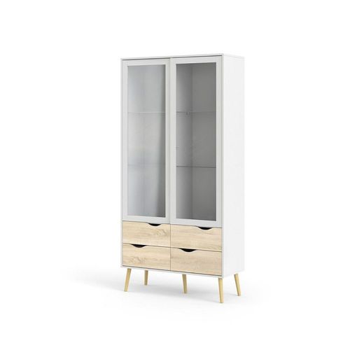 Vitrine Avec Deux Portes Battantes En Verre Et Quatre Tiroirs, Blanc Et Chêne, Mesures 98 X 200 X 39 Cm