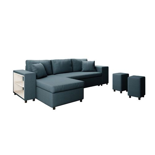 Canapé D'angle Mady Convertible Avec Coffre, Accoudoir Étagère Et Poufs En Tissu - Bleu, Position Du Ran