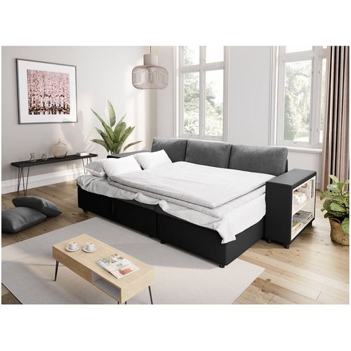 Canapé D'angle Mady Convertible Avec Coffre, Accoudoir Étagère Et Poufs En Simili Et Microfibre - Gris /