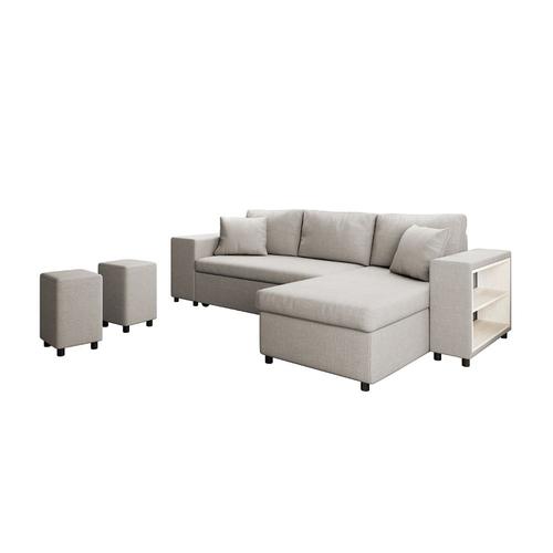 Canapé D'angle Mady Convertible Avec Coffre, Accoudoir Étagère Et Poufs En Tissu - Beige, Position Du Ra