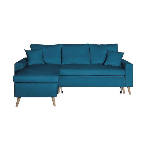 Canapé D'angle Maria Scandinave Velours Réversible Et Convertible Avec Coffre - Bleu Pétrole