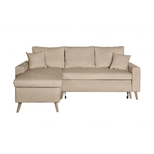 Canapé D'angle Maria Scandinave Velours Réversible Et Convertible Avec Coffre - Grège