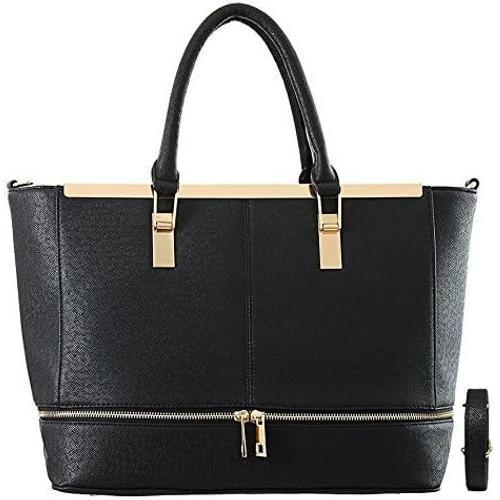 Noir - Sac à Main Cabas Fourre-Tout Femme - Sac Porté Epaule Bandoulière Cuir PU Rigide Saffiano Grande Taille - Cartable A4 Cours Lycée Collège Etudiante Travail Business Shopping Mode