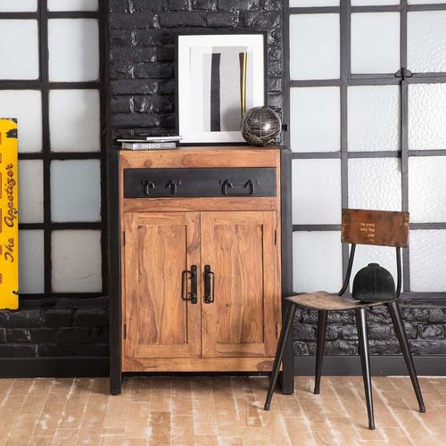 Buffet Industriel 2 Portes Bois D'acacia Foncé, 1 Tiroir Métal