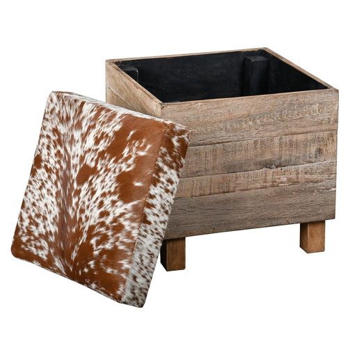 Coffre Pouf Carré En Bois Recyclé Et Peau De Vache