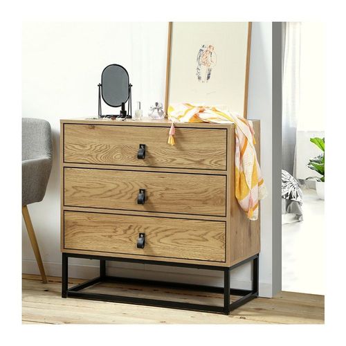 Commode Décor Chêne 3 Tiroirs Piétement Métal Noir