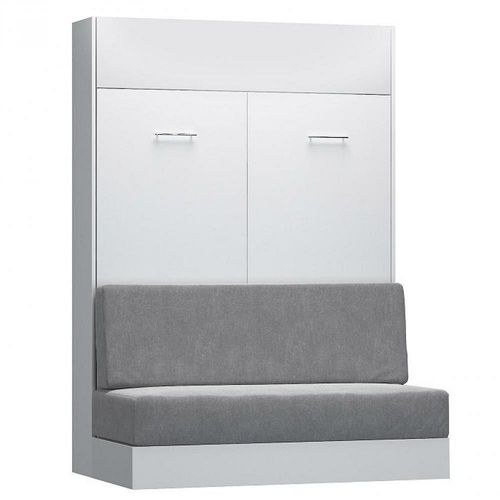 Armoire Lit Escamotable Dynamo Sofa Canapé Intégré Blanc Mat Et Microfibre Gris Couchage 140 X 200 Cm