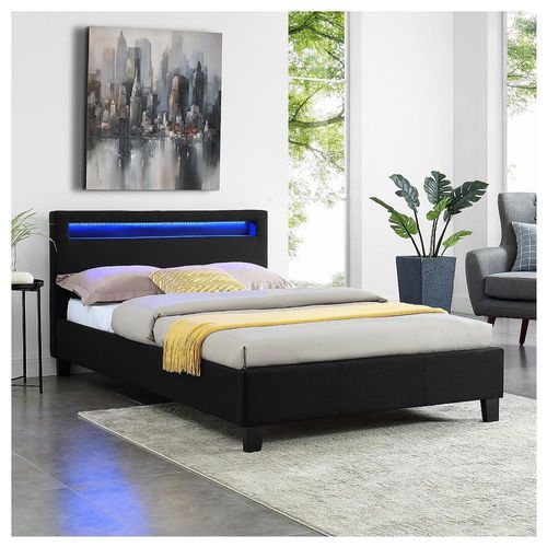 Lit Simple Pour Adulte Marisela Avec Sommier 120x190 Cm 1 Place Et Demi 1 Personne, Tête De Lit Avec Led Intégrées, En Tissu Noir
