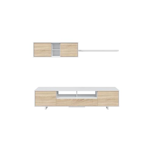 Meuble Tv Hugo 3 Portes Et 1 Niche Avec Étagère Murale L200cm - Blanc / Bois