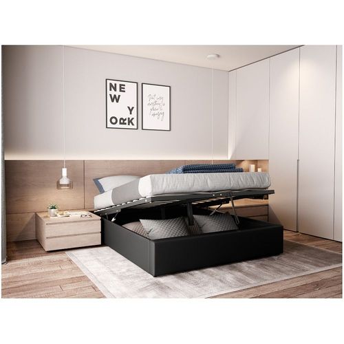 Cadre De Lit Teo Avec Sommier Relevable À Lattes En Simili - Noir, Largeur - 160 Cm