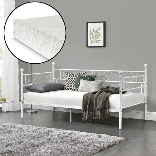 Divan Lit Simple Granda Avec Matelas En Acier 90 X 200 Blanc [En.Casa]