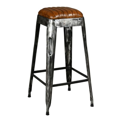 Tabouret Haut En Métal Vieilli Et Cuir