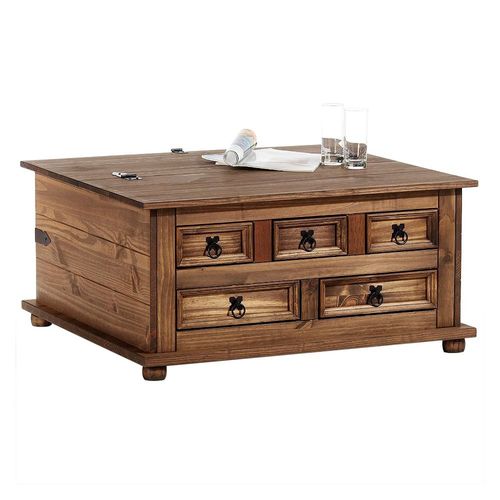 Table Basse De Salon Tequila Coffre Malle De Rangement Rectangulaire En Bois Style Mexicain Avec 5 Tiroirs Pin Massif Lasuré Brun