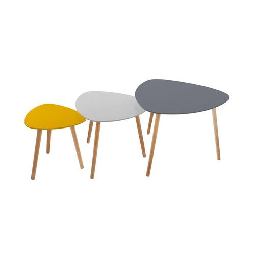 Lot De 3 Tables À Café Gigogne En Bois Gris Moutarde Et Pieds En Bois Naturel