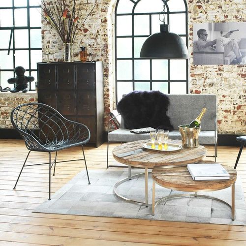 Table Basse Gigogne Ronde En Bois Recyclé, Style Brut, Pieds Métal