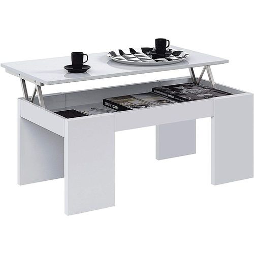 Table Basse À Plateau Relevable Coloris Blanc Brillant - Longueur 100 X Largeur 50 X Hauteur 43-55 Cm
