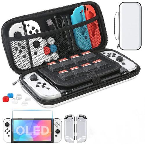 Pochette Pour Nintendo Switch Modèle Oled, Kit Accessoires Housse Avac Ecran Verre Trempé Et Poignées Couvre Pouce - Blanc