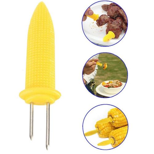 Vente chaude 10 pcs/pack double broche brochettes Barbecue fourchette fruits maïs titulaire BBQ fourchette Garpu outil jaune IC896202
