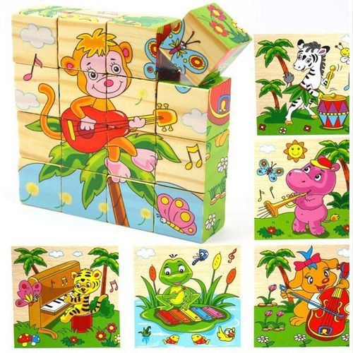 Puzzle À Six Faces En Bois Pour Enfants, Jouets Éducatifs, Dessins Animés, Neuf Blocs, 16 Pièces/Ensemble